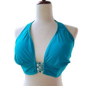 2Bamboo Blue Halter Swim Bikini Top With Metal Design 32DD/34D S/M New